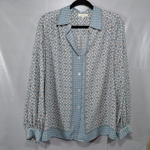 Max Studio Tops - Max Studio Semi Sheer Chiffon Button Up Long Sleeve Blouse LG Geometric Blue
